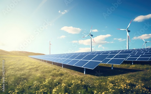 Solar farm or wind turbines generate clean energy against a backdrop of blue skies, showcasing sustainable energy sources