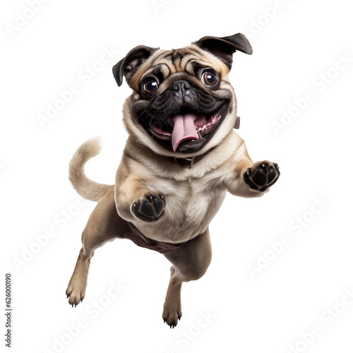 Cute pug jumping with joy on transparent background
