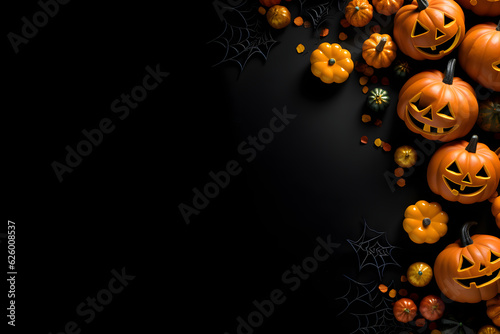 Happy halloween flat lay mockup with pumpkins and spider web on black background. Autumn holiday concept composition. Top view with copy space. Generated ai.