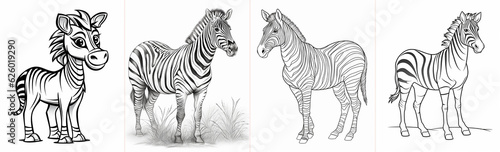 Zebra cartoon for kids to color Zebra coloring book page White background for easy coloring