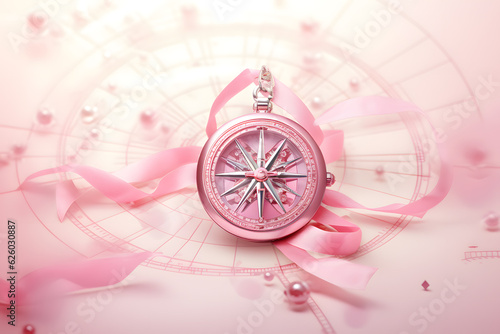 A pink ribbon integrated into the design of a compass 