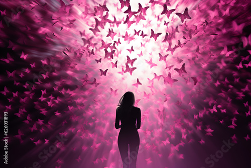 Pink butterflies flying around a womans silhouette 