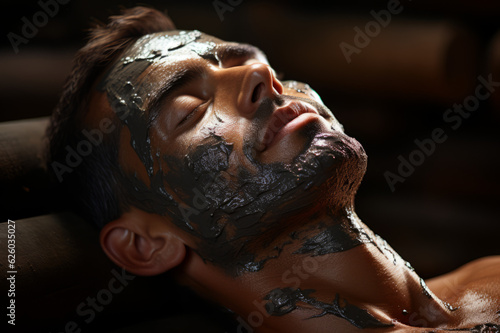 The man enjoys mud face mask in a spa salon. Luxury treatment. Generated AI