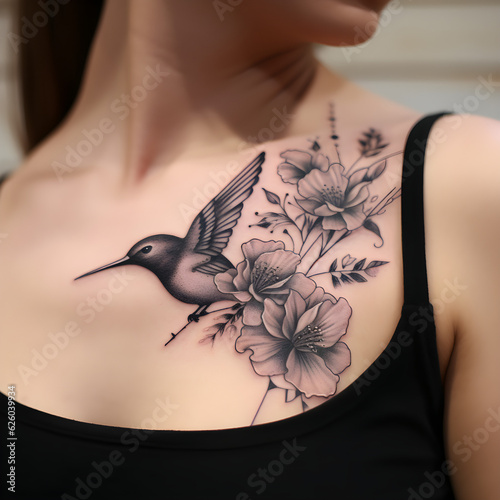 Hummingbird and flowers tattoo design