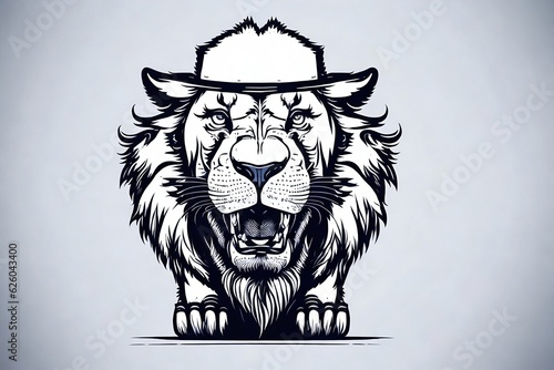 Divertido leon con sombrero mostrando sus enormes dientes