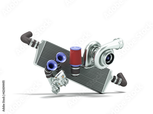 Set of custom spare car parts for tuning the internal components 3d render on white