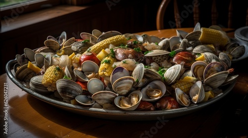 A photo with presentation of delicious New England Clam Bake, food photography, gourmet created with Generative AI technology