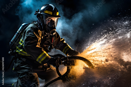 A firefighter extinguishing a fire with a hose