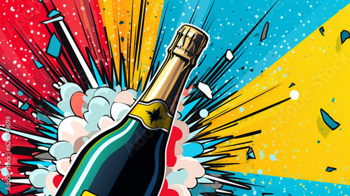 Champagne cork popping vector illustration. Alcohol drink pop art style, Created using generative AI tools.