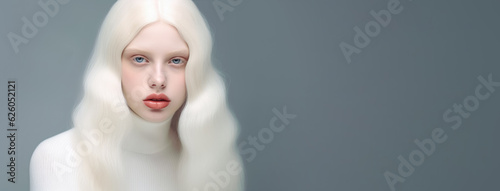Female albino fashion model. Young woman with light skin and hair posing for studio shot. Wide banner with space for text right side. Generative AI