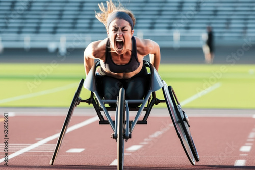 Explosive start of young woman athlete on wheelchair on outdoor sport stadium