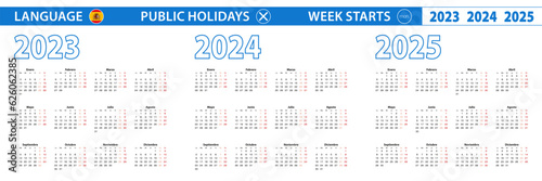 Simple calendar template in Spanish for 2023, 2024, 2025 years. Week starts from Monday.