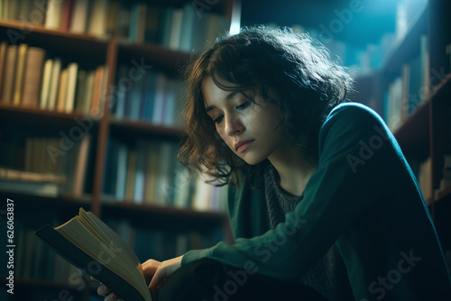 a woman leaning against a book shelf, in the style of meditative color contrasts, dusty piles, bibliographic anomalies.. Generative AI