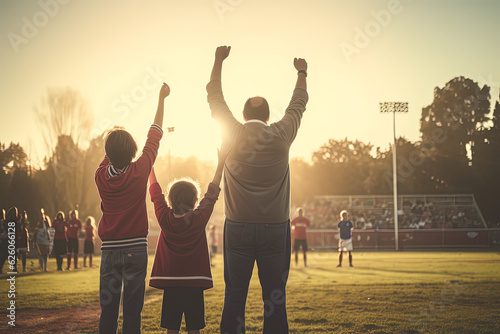 Parents standing on sidelines cheering for their children at youth soccer game. 