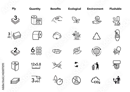 Icons for absorbent material. Vector illustration isolated on white background. Perfect for paper roll, wet wipes, kitchen towel, napkin, tissues, pads and etc. Stroke sign, easy change. EPS10. 