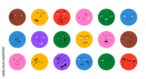 Diverse people face doing funny mood expression and emotion. Colorful avatar design set, modern flat cartoon character collection in simple doodle art style for psychology concept or social reaction. 