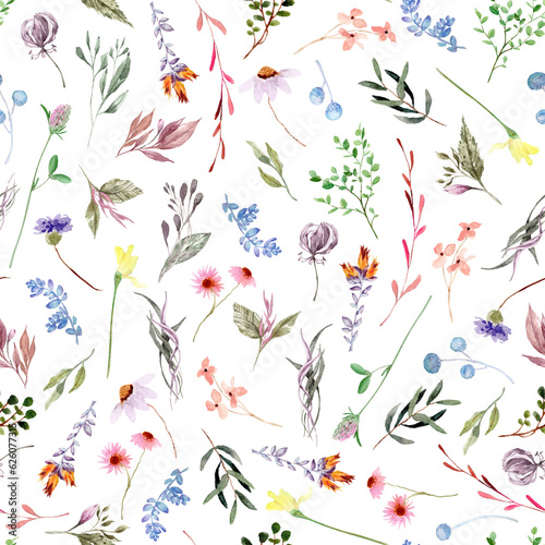 Colorful Scattered Wildflowers Seamless Repeat Pattern 