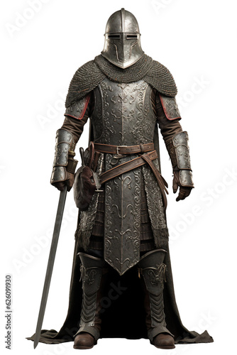 Crusader knight with chainmail coif and helmet. isolated object, transparent background
