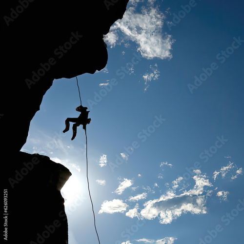 Silhouette of a rock climber on rappel