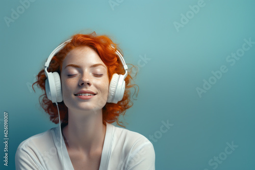 A young woman with red hair, freckles, with an expression of peace and joy on her face, is relaxed while listening to music with her headphones,copy space