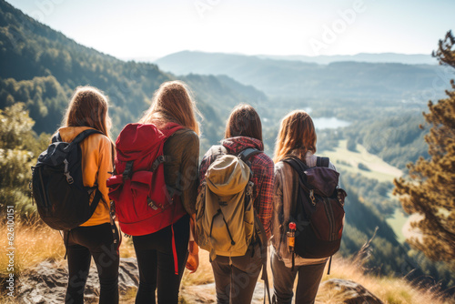 Diverse group of teenager girls hiking and enjoying nature, view from behind
