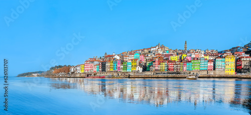 Portugal, Porto - Panoramic view of colorful medieval houses at Douro river bank in Oporto old town - Portuguese landmark city