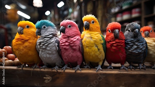 A bustling bird market, with vibrant cages lined up and filled with a variety of birds chirping in unison.