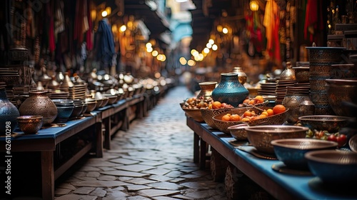 A traditional Moroccan market, a bustling souk filled with spices, lanterns, and carpets, and the distant sound of a snake charmer's flute.