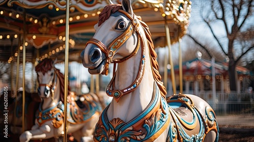 A lively carousel in a city park, brightly painted horses going up and down, and children's laughter filling the air.