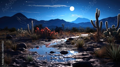 A tranquil, moonlit desert scene with a single, twisted cactus silhouetted against the star-studded sky.