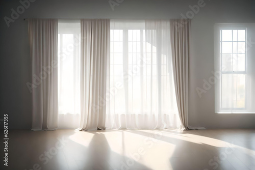 interior of empty room with white curtains and window, AI Generated.