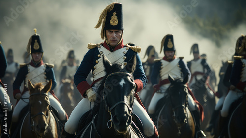 Epic battle of Waterloo Napoleon Bonaparte. Napoleon on horseback leading his army on battlefield