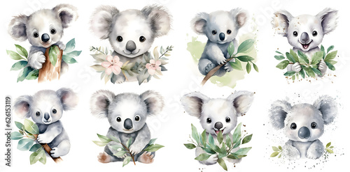 cute baby Koala watercolor set, isolated on Background, generated ai 