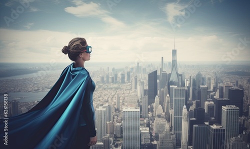 Fierce superhero standing tall against city skyline