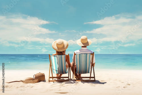 Travel, vacation, leisure and lifestyle concept. Young couple sitting on sun lounger chair on the beach by the sea or ocean sunny day. Generative AI