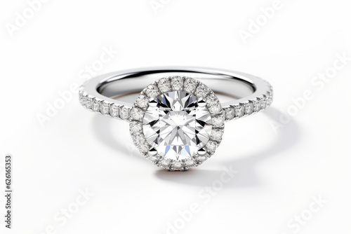 catalogue photo closeup of wedding ring made of white gold, white background. AI Generated
