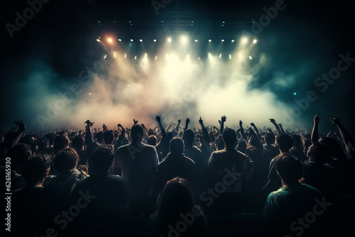 Crowd of music fans at rock concert in front of illuminated stage