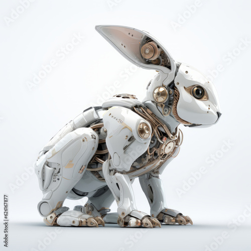 Rabbit or hare robot, robotic animal isolated over white background. AI Generated