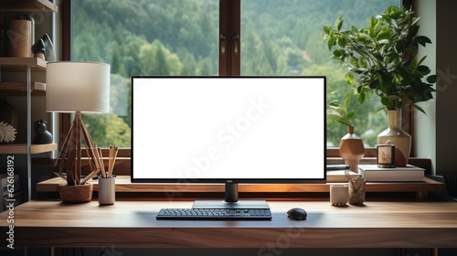 Computer monitor mockup with blank screen on wooden desk in contemporary minimalist home office with outside the window, AI-generative