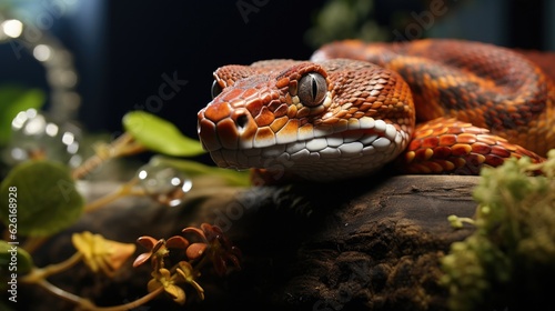 A Corn Snake (Pantherophis guttatus) curled around a tree branch in a terrarium, its orange and black patterned body making it an attractive pet for snake enthusiasts.