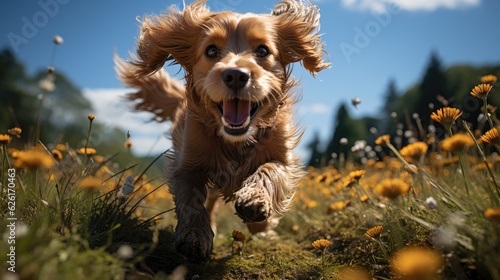 A Cocker Spaniel (Canis lupus familiaris) running in a field, its long floppy ears and wavy coat flowing with the wind, exhibiting its joyful and active nature.