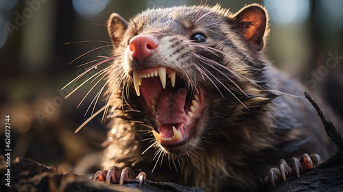 A Tasmanian devil (Sarcophilus harrisii) yawning in the forests of Tasmania, its powerful jaws and sharp teeth a fearsome sight in the underbrush.