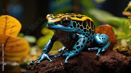 A Blue Poison Dart Frog (Dendrobates tinctorius 'azureus') sitting on a leaf in the rainforest of Suriname, its blue body and black spots a striking sight against the green foliage.