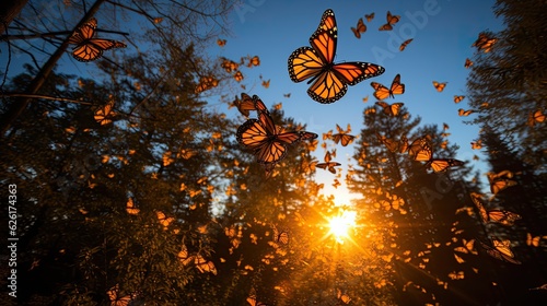A monarch butterfly (Danaus plexippus) migration in the skies above Mexico's Monarch Butterfly Biosphere Reserve, the air filled with a fluttering sea of orange and black wings, creating a stunning vi