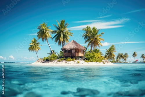 Small tropical island with palms and hut surrounded sea blue water. Scenery of tiny island in ocean.