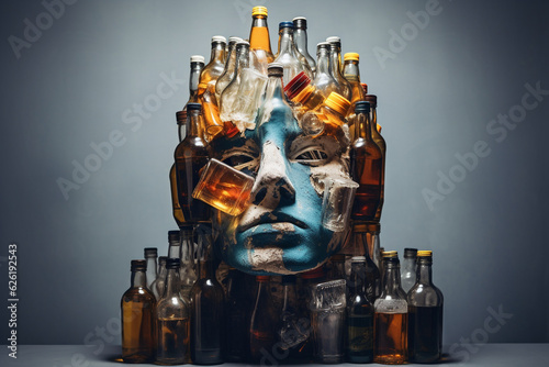 Harrowing concept of alcohol addiction, with a hauntingly artistic representation of a face crafted from a circle of alcohol bottles.Ai generated