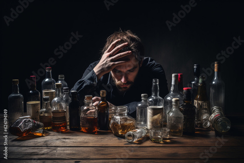 Depressed, drunk, and depraved man slumped over a table, surrounded by empty bottles, symbolizing the downward spiral of alcohol dependency. Ai generated