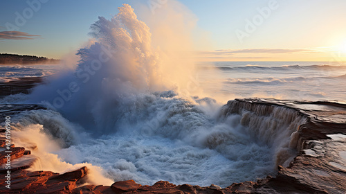 A spectacular sight of a geyser erupting on a rugged coastal plain, steaming water jetting into the cold air.