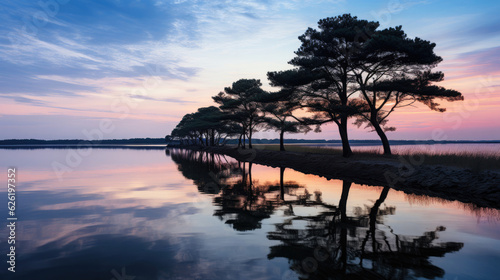 A serene view of a coastal lagoon at dusk, the calm water reflecting the soft pastel hues of the twilight sky.