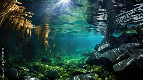 An underwater view of an enchanting kelp forest, swaying gently with the ocean currents.